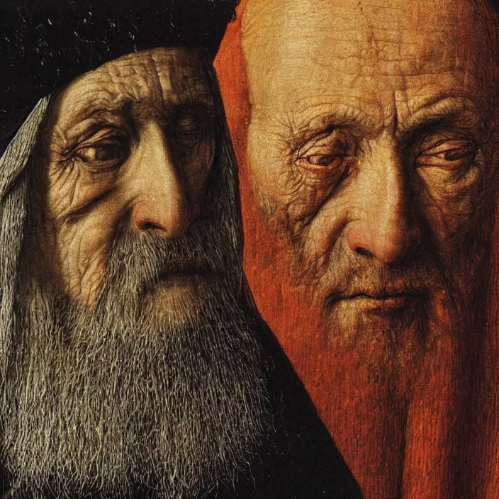 Prompt: close up portrait of a dying old man with platonic solids and iridescent beetle. jan van eyck