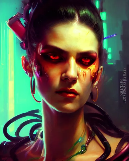 Image similar to painted close - up portrait of a neon intimidating cyberpunk girl. oil painting, wearing a noblewoman's outfit, fantasy art by greg rutkowski and john singer sargent and gaston bussiere, demon noble character design