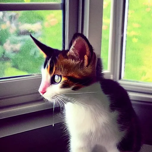 Image similar to cute calico kitten looking out of the window on a [ [ [ [ beautiful ] ] ] ] summer day, profile shot, featured on artstationg, gorgeous!!!