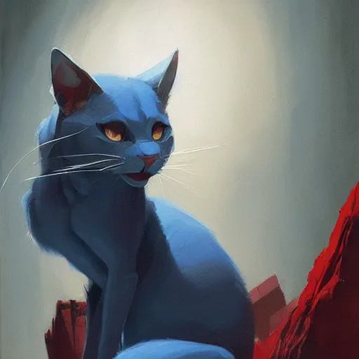 Image similar to blue cat eating red sable painting by eddie mendoza, greg rutkowski