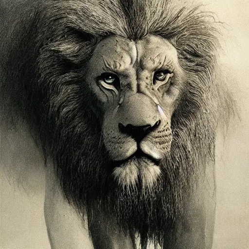 Prompt: metamorph with four faces : man, lion, eagle, bull. drawn by zdzislaw beksinski