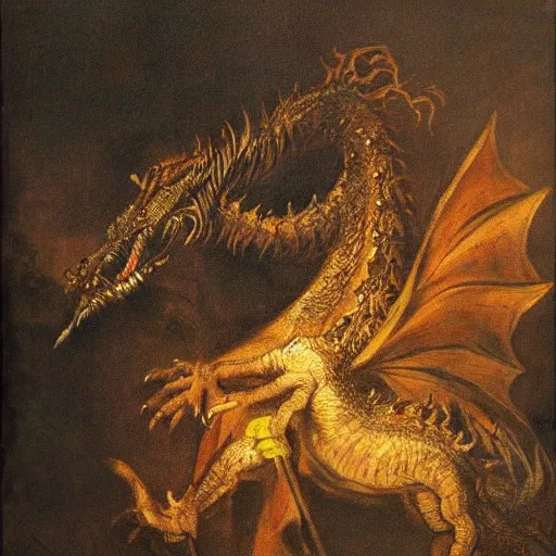 Prompt: a fierce dragon, rembrandt painting