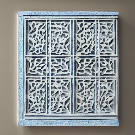 Prompt: maze, thin lines, carved soapstone relief paneling white and pale blue