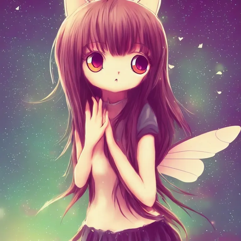 Image similar to cute, full body, female, anime style, a cat girl with fairy wings, large eyes, beautiful lighting, sharp focus, simple background, creative, heart effects, filters applied, illustration