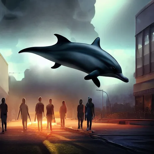 Prompt: apocalyptic, dolphin aliens walking on the future streets. smoke. volumetric lighting, sharp focus, ultra detailed, cgsociety - w 1 0 2 4 - n 8 - i