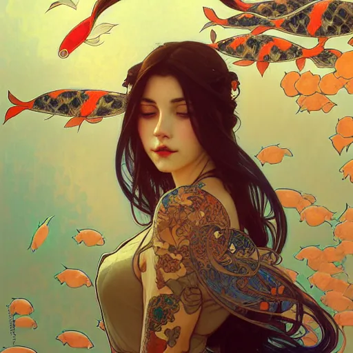 Image similar to Portrait of a girl surrounded by Koi fish, face, fantasy, intricate, elegant, highly detailed, digital painting, artstation, concept art, smooth, sharp focus, illustration, art by Loish and Artem Demura and alphonse mucha