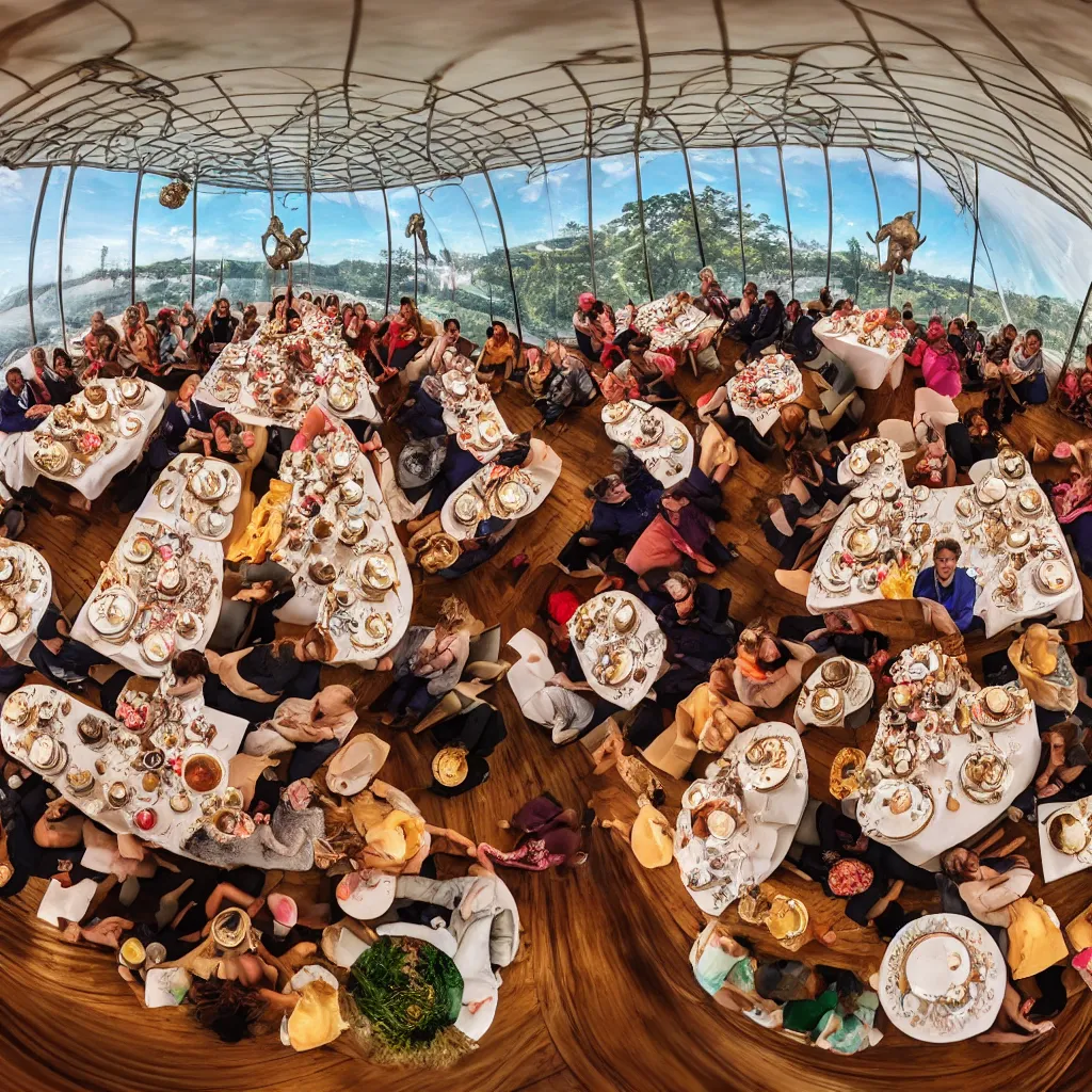 Image similar to elephant tea party, high tea, on a bridge, fulldome, 1 8 0 degree fisheye, 4 k,