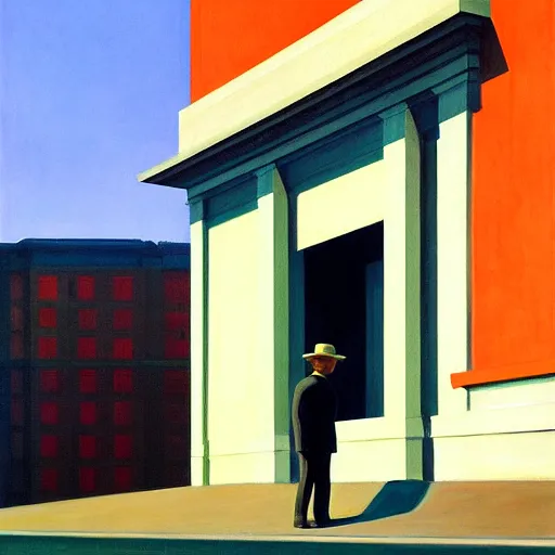 Image similar to painting of a lone man in front of a tall building. by edward hopper and james gilleard