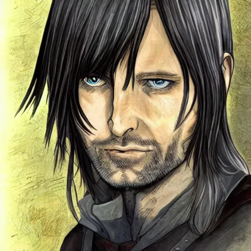 Image similar to aragorn in an anime world, incredibly detailed, ultra realistic