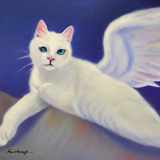 Image similar to a painting of a white cat with angel wings, a fine art painting by hanns katz, trending on deviantart, angelic photograph, majestic