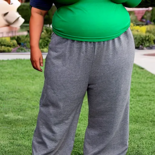 Prompt: a body of a thicc pixar mom, wearing gray sweatpants, and green shirt