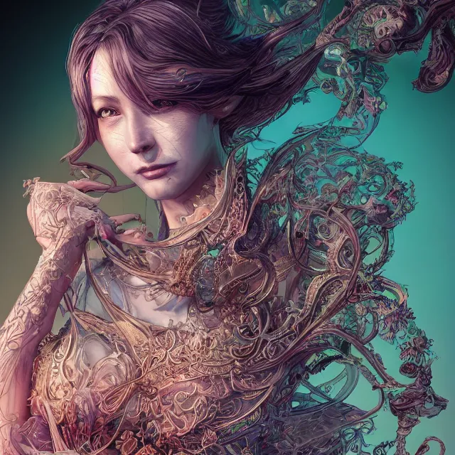 Image similar to the portrait of the chaotic good alignment personified as an absurdly beautiful, graceful, elegant, sophisticated, young woman made, an ultrafine hyperdetailed illustration by kim jung gi, irakli nadar, intricate linework, bright colors, octopath traveler, final fantasy, unreal engine 5 highly rendered, global illumination, radiant light, detailed and intricate environment