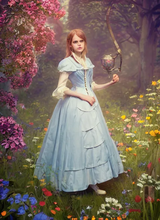 Image similar to portrait of alice in the wonderland as emma watson, hyper detailed, digital art, cinematic lighting, studio quality, smooth render, unreal engine 5, octane rendered, art style by klimt and nixeu and ian sprigger and wlop and krenz cushart.