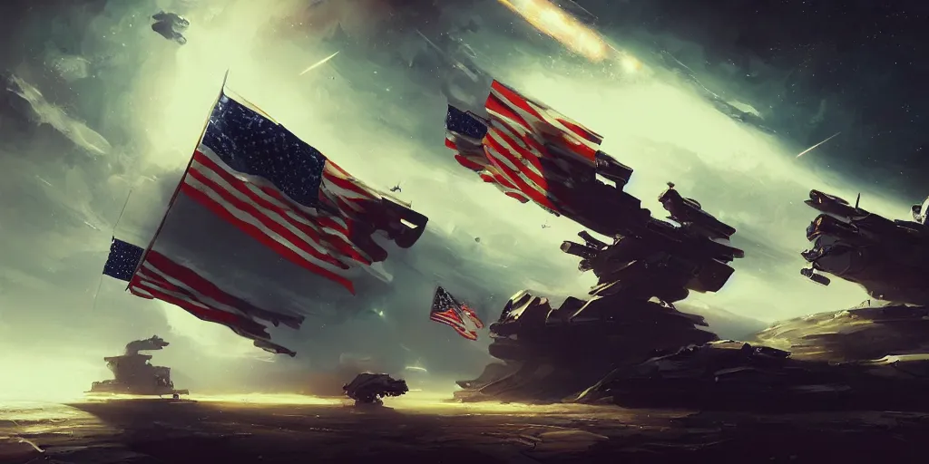 Prompt: space war between china and usa, usa flag, china flag, space, war, great compostion, lighting chiaroscuro, art by sebastien hue, insanely highly detailed artwork, trending on artstation