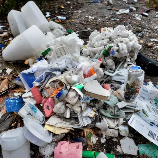 Image similar to lumpy dirty styrofoam garbage dump next to a broken mannequin, sigarette buds, wet newspaper, magazines, dirty water puddle, 8k