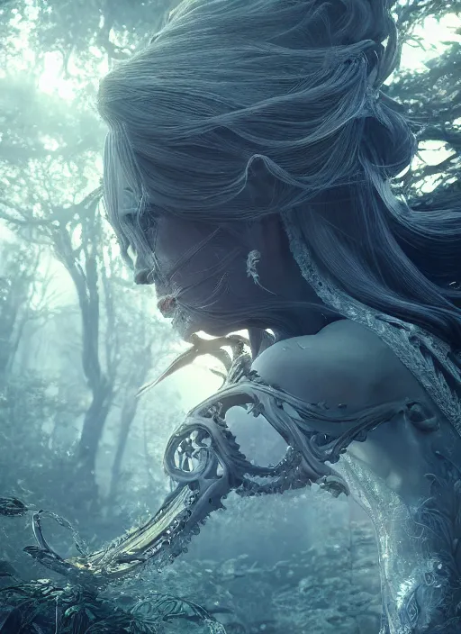 Prompt: sumptuous biomechanical incredible hair, masterpiece crystalline incrustations, hyperdetailed face, elegant pose, movie still, intricate, octane render, cinematic forest lighting, cgsociety, unreal engine, crepuscular rays, god rays