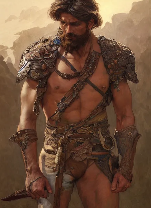 Prompt: Portrait of a rugged warrior, male, man, D&D, muscular, bare thighs, fantasy, intricate, elegant, highly detailed, digital painting, artstation, concept art, smooth, sharp focus, illustration, art by artgerm and greg rutkowski and alphonse mucha