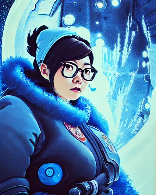 Image similar to mei from overwatch, character portrait, ice, cold, snow, sci - fi suit, portrait, close up, concept art, intricate details, highly detailed, vintage sci - fi poster, retro future, in the style of chris foss, rodger dean, moebius, michael whelan, and gustave dore