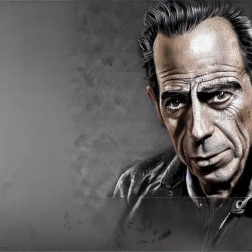 Image similar to a highly detailed epic cinematic concept art CG render digital painting artwork costume design: Humphrey Bogart, old scars, long hair, grizzled, tired and drunk, in an old 1950s leather jacket. By Greg Rutkowski, Ilya Kuvshinov, WLOP, Stanley Artgerm Lau, Ruan Jia and Fenghua Zhong, trending on ArtStation, made in Maya, Blender and Photoshop, octane render, excellent composition, cinematic atmosphere, dynamic dramatic cinematic lighting, aesthetic, very inspirational, arthouse