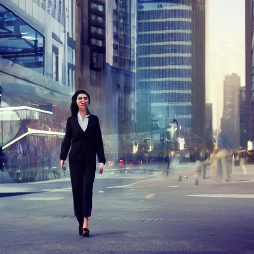 Prompt: a woman in a business suit walking down a busy city street. 3 d octane render