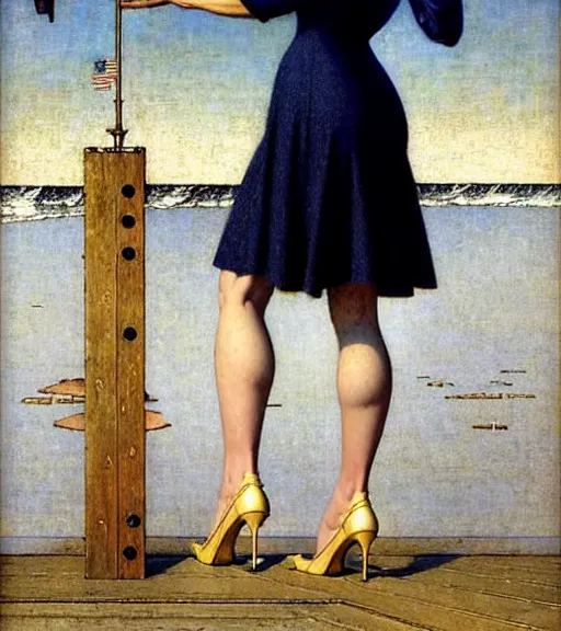 Prompt: a fancy beautiful young lady standing on a wharf at the edge of the sea by brom and gil elvgren and jean delville and william blake and norman rockwell and michael whelan, crisp details, hyperrealism, high detail, high contrast, feminine features, stylish navy blue heels, gold chain belt, cream colored blouse