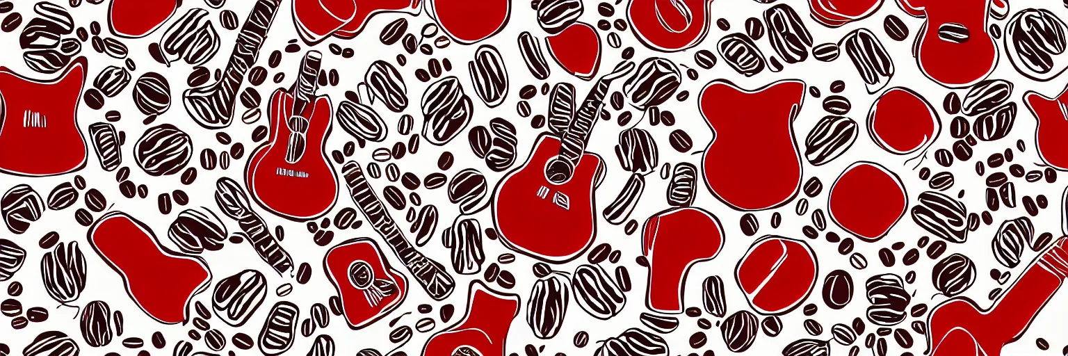 Image similar to pattern design, coffee and guitar, vector, simple, red and white,