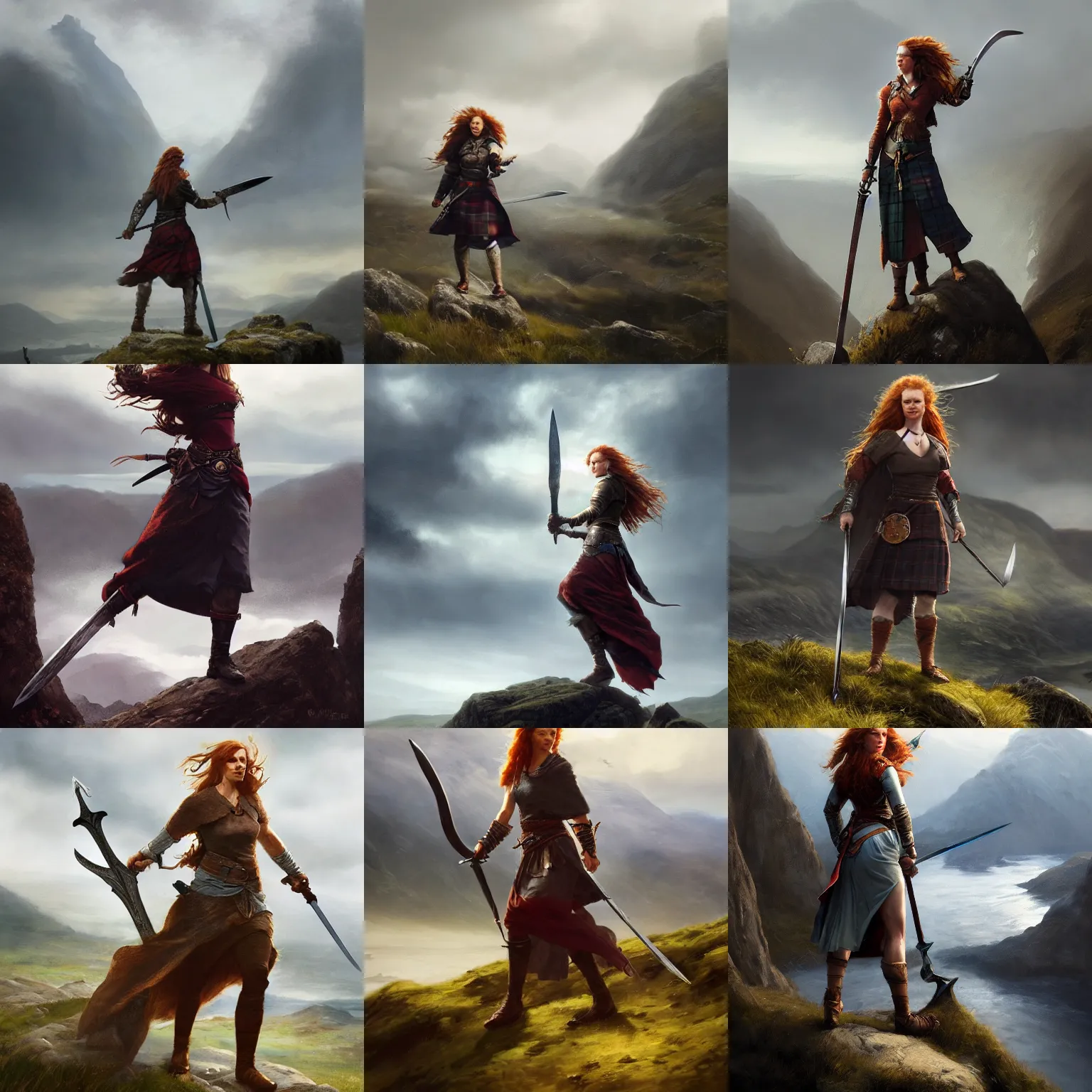 Prompt: Highlander woman in a heroic pose. She has long ginger hair. She is holding a greatsword. She is standing on a rock. Scottish Highlands in the background. atmospheric lighting, detailed, by Greg Rutkowski, trending on artstation