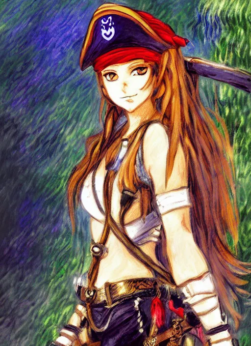 Prompt: a portrait of a female pirate, camouflage uniform, very anime in impressionist style, anime trending artwork, anime painter studio, by claude monet