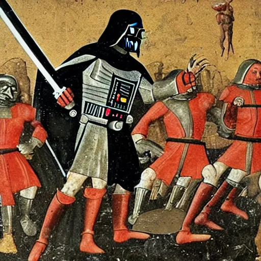 Prompt: Medieval painting of Darth Vader fighting in Rome