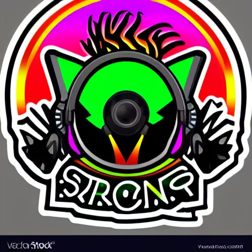 Image similar to svg vector sticker of, dragon, rocking out, wearing headphones, huge speakers, dancing, rave, DJ, spinning records, digital art, amazing composition, rule-of-thirds, award-winning, trending on artstation, featured on deviantart