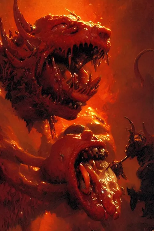 Prompt: red skinned hell demon screaming with joy eating baked beans portrait dnd, painting by gaston bussiere, craig mullins, greg rutkowski, yoji shinkawa