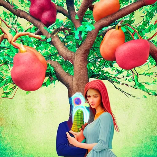 Prompt: cyber humans under a tree, holding huge interesting elaborate coloured fruits. in the style of Michelangelo, with liberty and flemish baroque mixed media details. vibrant vivid 3d textures in natural pastel tones. matte background HD 8x