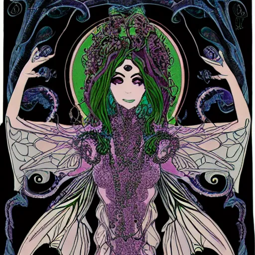 Prompt: Eldritch fairy lovecraft Woman with Art-Nouveau moth wings, black hair, Kali, and the Bodhisattva's Thousand Arms