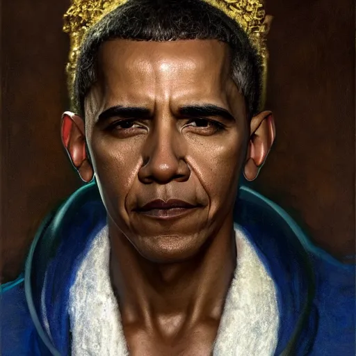 Prompt: detailed realistic cinematic wide shot of beautiful attractive muscular barack obama with gold chain wearing blue bath robe slim face symettrical face clean skin black eyes black robe smooth, sharp focus, ultra realistic, spring light, painting by gaston bussiere, craig mullins, j. c. leyendecker