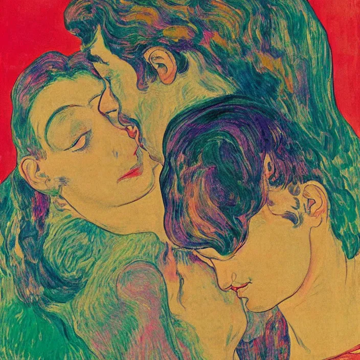 Image similar to close portrait of woman and man kissing. icy mountains far away. aurora borealis. iridescent, vivid psychedelic colors. painting by munch, agnes pelton, egon schiele, henri de toulouse - lautrec, utamaro, monet