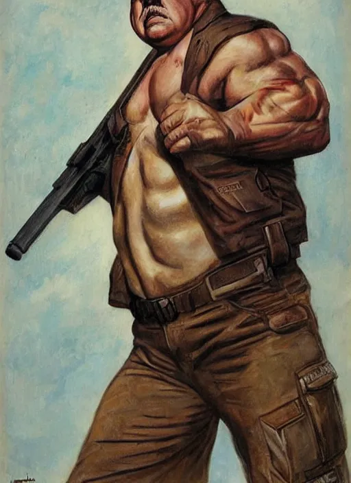 Image similar to gk chesterton as a buff action hero with muscles and a shotgun. portrait by james gurney. realistic face. awesome.