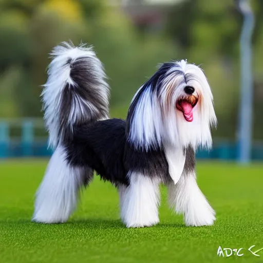 Image similar to TY beanie baby (bearded collie dog), comedy, action shot, arf, UE5, cute, adorable, fluffy, 70mm/f2.8, imax