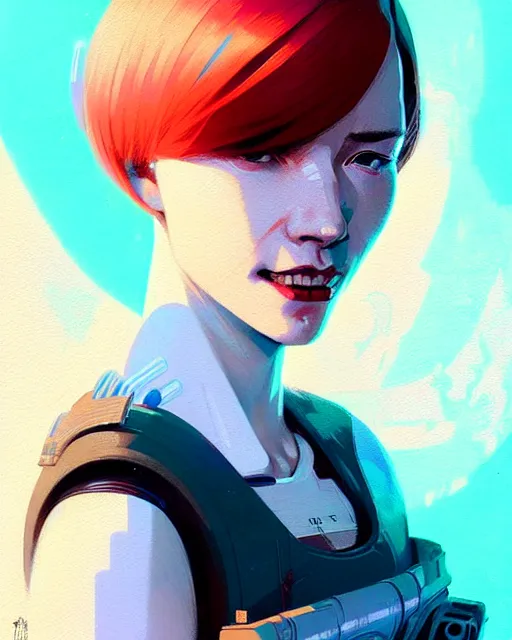 Image similar to cyberpunk synth, hyper - realistic detailed portrait of a smiling girl, red hair, by atey ghailan, by greg rutkowski, by greg tocchini, by james gilleard, by joe fenton, by kaethe butcher, 8 k, very intricate, dynamic lighting, gradient light blue, brown, blonde cream and white color scheme, sharp focus, grunge aesthetic