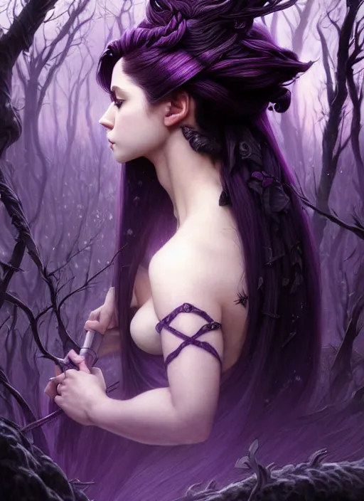 Prompt: award winning book cover, side portrait dark witch, adventurer outfit large cloak, fantasy forest landscape, dragon scales, fantasy magic, undercut hairstyle, short purple black fade hair, dark light night, intricate, elegant, sharp focus, illustration, highly detailed, digital painting, concept art, matte, art by WLOP and Artgerm and Greg Rutkowski and Alphonse Mucha, masterpiece