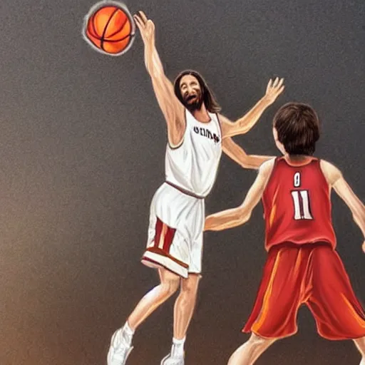 Prompt: jesus playing basketball, hyper realistic, highly detailed,