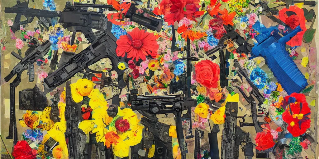 Image similar to guns and flowers, collage, acrylic on canvas, expressionism movement, breathtaking detailed, by blake neubert, style by peter bankov