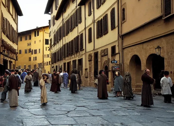 Image similar to street scene from a 2 0 1 0 film set in 1 4 5 0 showing florence italy