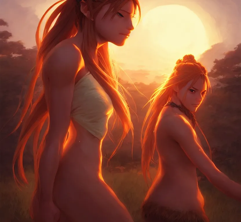 Image similar to long ginger hair, tanned woman in a prehistoric outfit, by artgerm, hair tied in a ponytail, soft lighting, night scene, by greg rutkowski makoto shinkai takashi takeuchi