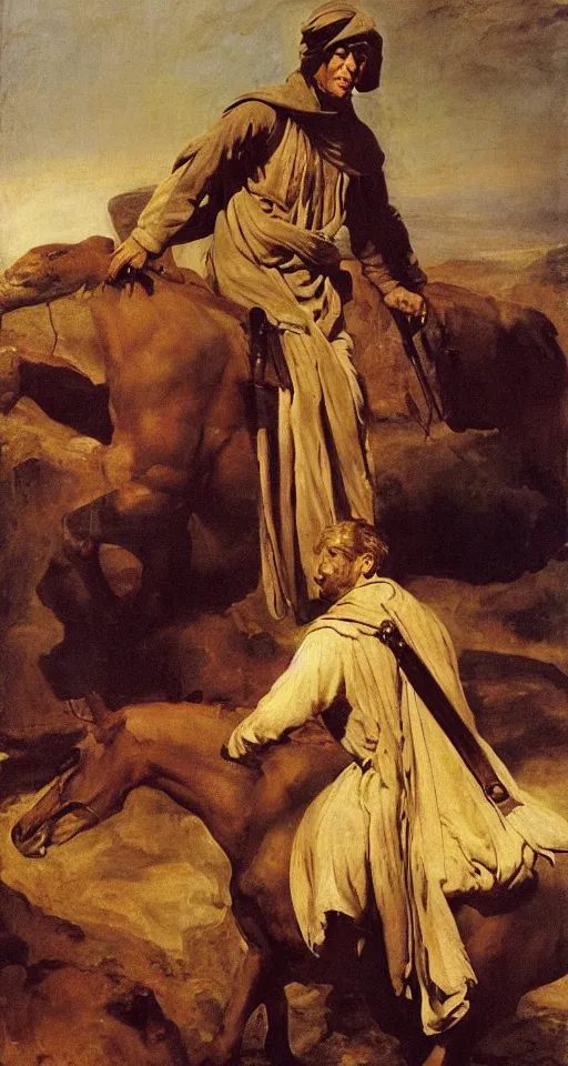 Prompt: a film still of lawrence of arabia by william turner, by theodore gericault, by caspar david friedrich, by frank frazetta oil painting, romantism, realism, limited palette