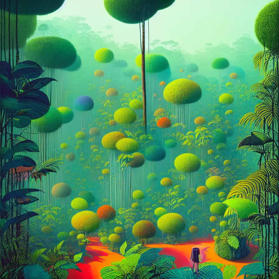 Image similar to surreal glimpse, malaysia jungle, summer morning, very coherent and colorful high contrast pastel art by gediminas pranckevicius james gilleard james gurney floralpunk screen printing woodblock, dark shadows, hard lighting, stippling dots,