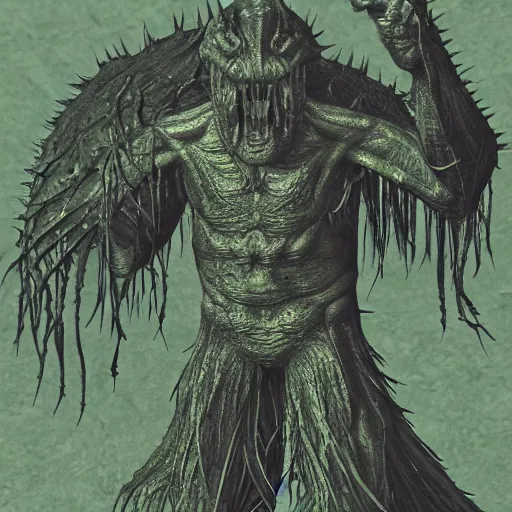 Image similar to swamp monster, aquatic head, spiky spine, 8k, swampy,