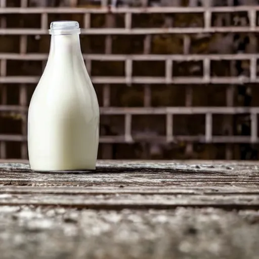 Image similar to bottle of milk over a rusted metal table inside a jail cell