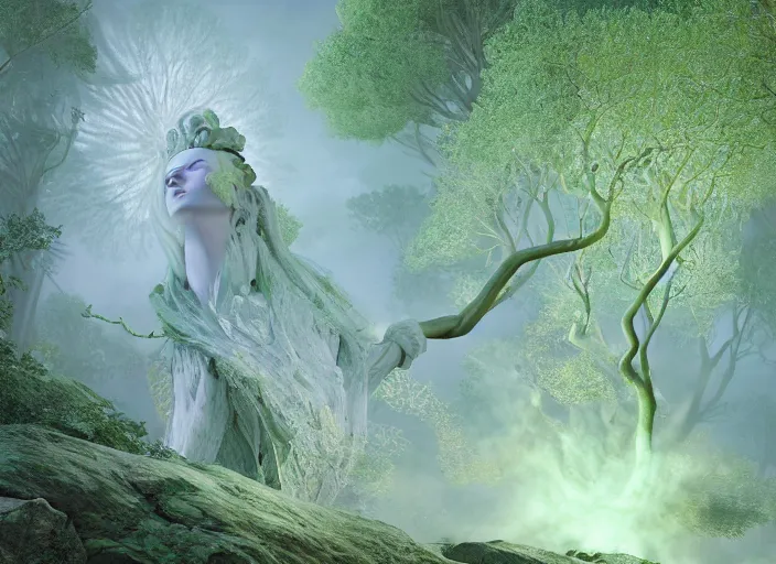 Image similar to an idealistic marble statue with fractal flowery hair and fair porcelain face and green eyes, in a magical forest, painted by, mc escher, gordon onslow ford, georgia o'keeffe and ivan aivazovsky, cinematic light, god rays, colourful, unreal engine, zbrush central,