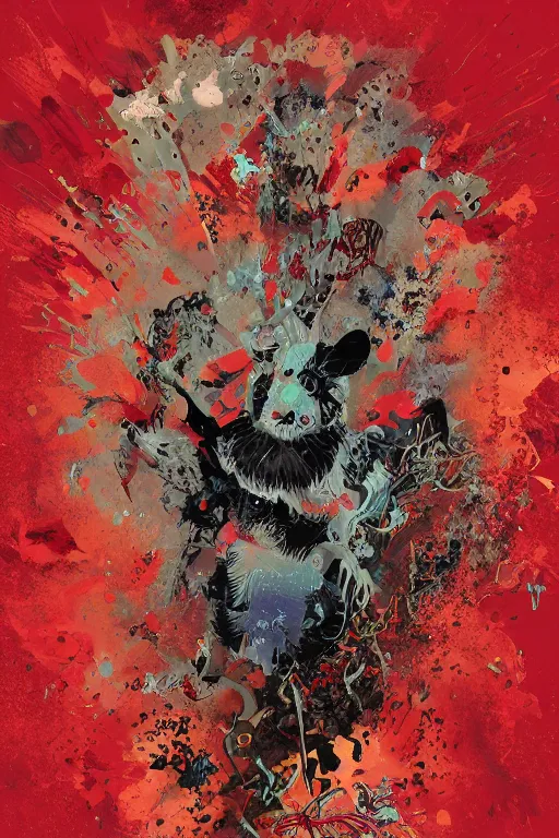 Prompt: beautiful necromancer half rodent, made of red gucci fabric, dust particles, pixiv fanbox, dramatic lighting, maximalist pastel color palette, splatter paint, pixar and disney exploded - view drawing, graphic novel by fiona staples and dustin nguyen, peter elson, alan bean, wangechi mutu, clean cel shaded vector art, trending on artstation