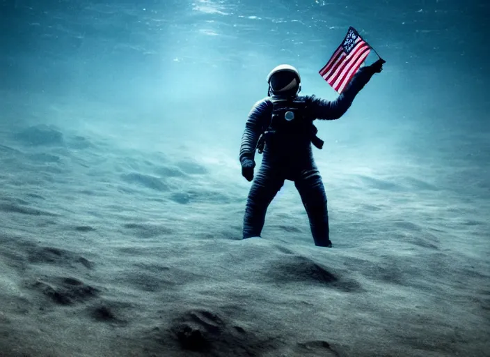 Image similar to astronaut underwater holding a flag in the sand of the bottom of the ocean. a submarine is visible in the distance. dark, concept art, cinematic, dramatic, atmospheric, 8 k, trending on artstation, low visibility, fog, ocean floor, christopher nolan, interstellar